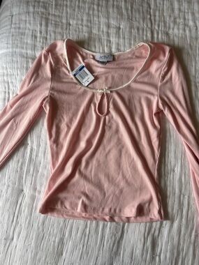 Jessica Simpson Pink Ribbed Long Sleeve Scoop Neck Top with Bow Keyhole